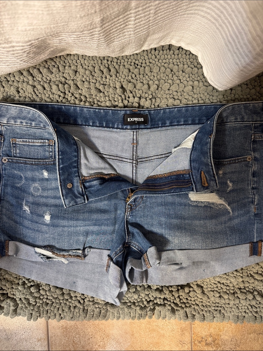 Express Women's Medium Blue Distressed Rolled Hem Denim Shorts